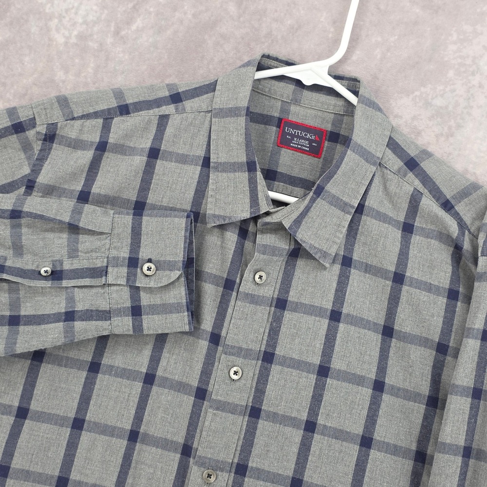 UNTUCKit Plaid Button Down Shirt Mens XL Grey Navy Blue Cotton Long Sleeve